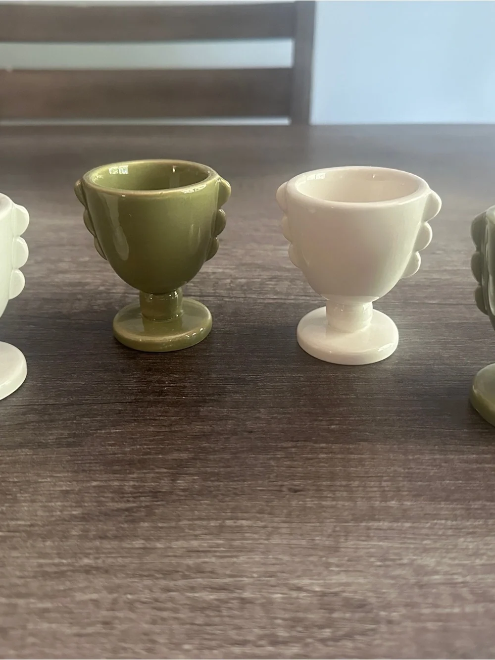Set of 4 Ceramic Egg Cups, Green & White, Pedestal Round Glossy Finish
